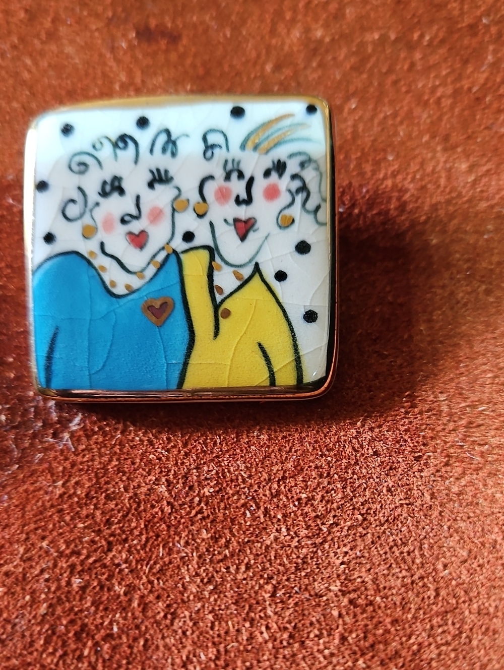 Playful Blue & Yellow Enamel Couple Brooch